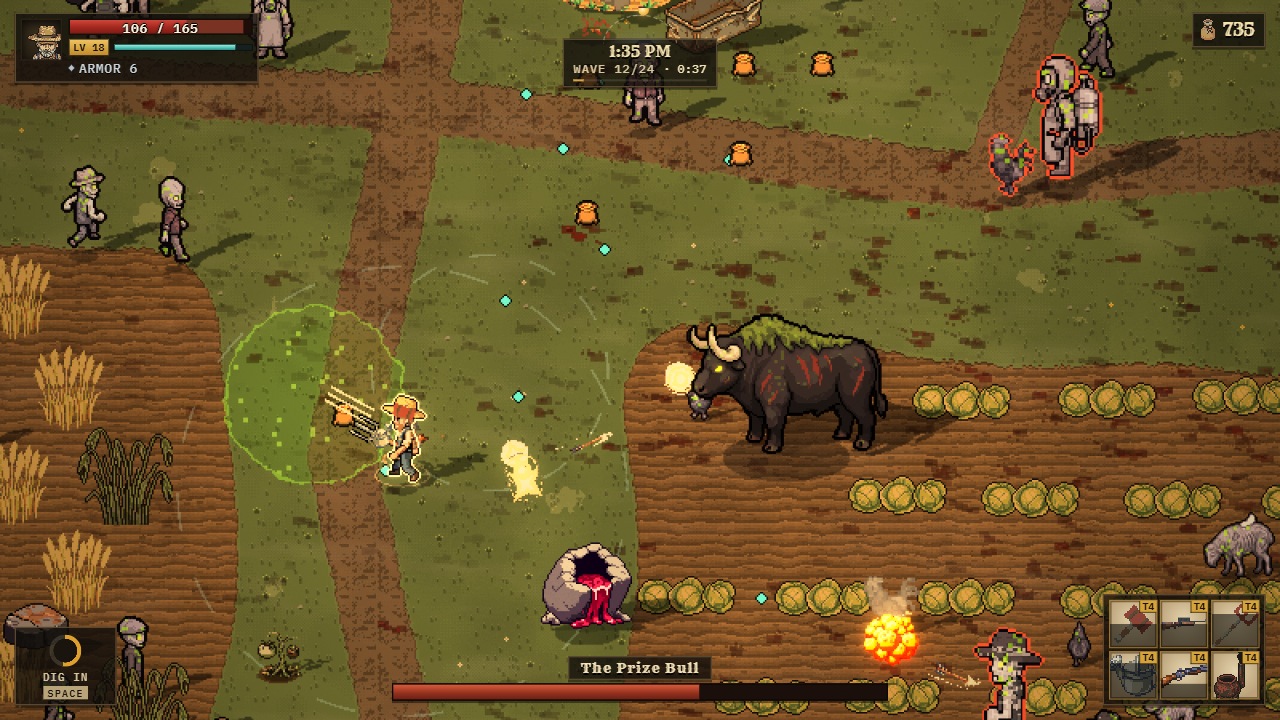 The Prize Bull, a huge dark bull, standing in a plowed field beside the farmhand with its health bar along the bottom.