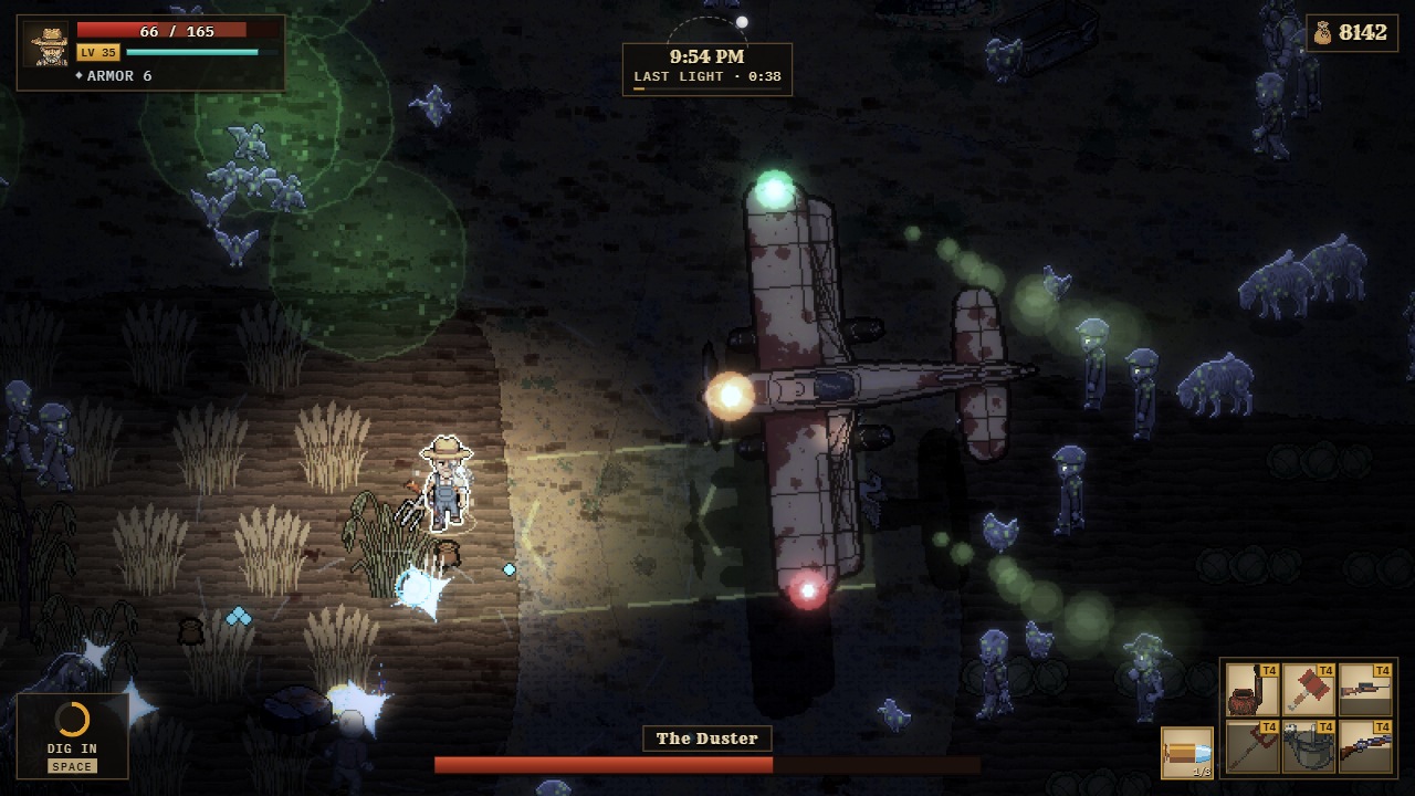 The Duster, a rusted biplane, flying over the dark field with its lamps lit and a green glow at its wingtip, the player below.