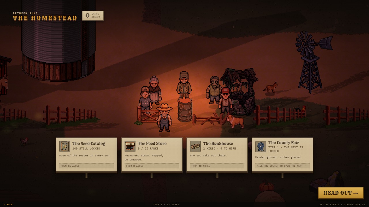 The Homestead: the farm at sundown with signs for the Seed Catalog, the Feed Store, the Bunkhouse and the County Fair.