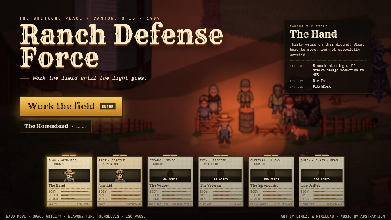 The title screen: the farm at sundown with six classes standing round a burning barrel and their class cards along the bottom.